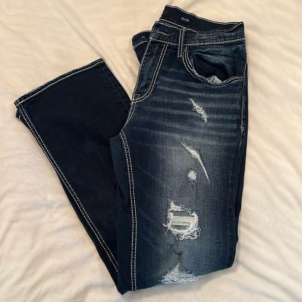 BKE BLUE BOOTCUT RIPPED JEANS